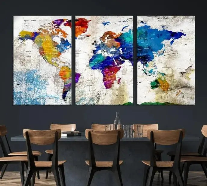 Colorful World Map 3-Panel Canvas Wall Art | Large Giclée Print for Living Room, Office, or Dining Room | Ready-to-Hang Modern World Map Decor