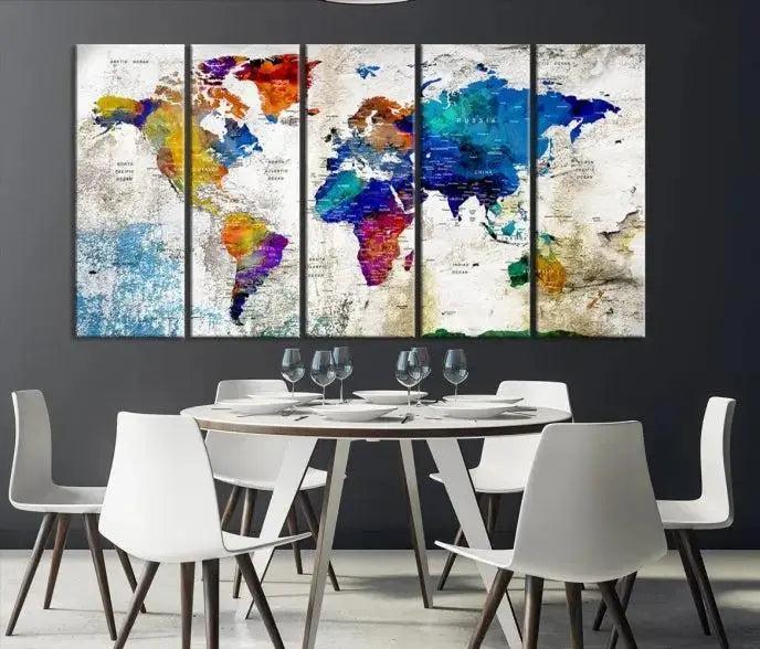 Colorful World Map 3-Panel Canvas Wall Art | Large Giclée Print for Living Room, Office, or Dining Room | Ready-to-Hang Modern World Map