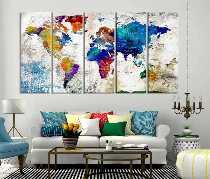 Colorful World Map 3-Panel Canvas Wall Art | Large Giclée Print for Living Room, Office, or Dining Room | Ready-to-Hang Modern World Map