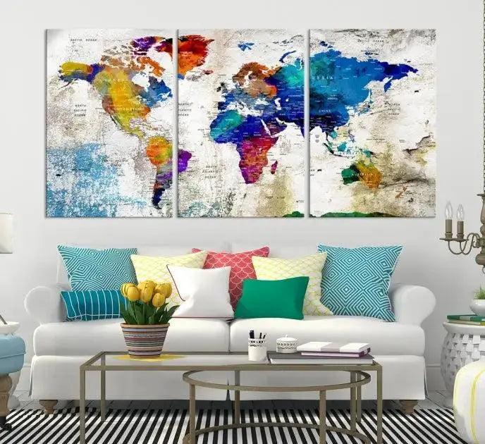 Colorful World Map 3-Panel Canvas Wall Art | Large Giclée Print for Living Room, Office, or Dining Room | Ready-to-Hang Modern World Map