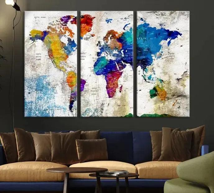 Colorful World Map 3-Panel Canvas Wall Art | Large Giclée Print for Living Room, Office, or Dining Room | Ready-to-Hang Modern World Map