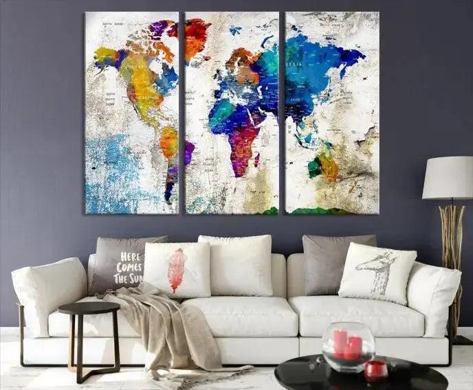 Colorful World Map 3-Panel Canvas Wall Art | Large Giclée Print for Living Room, Office, or Dining Room | Ready-to-Hang Modern World Map