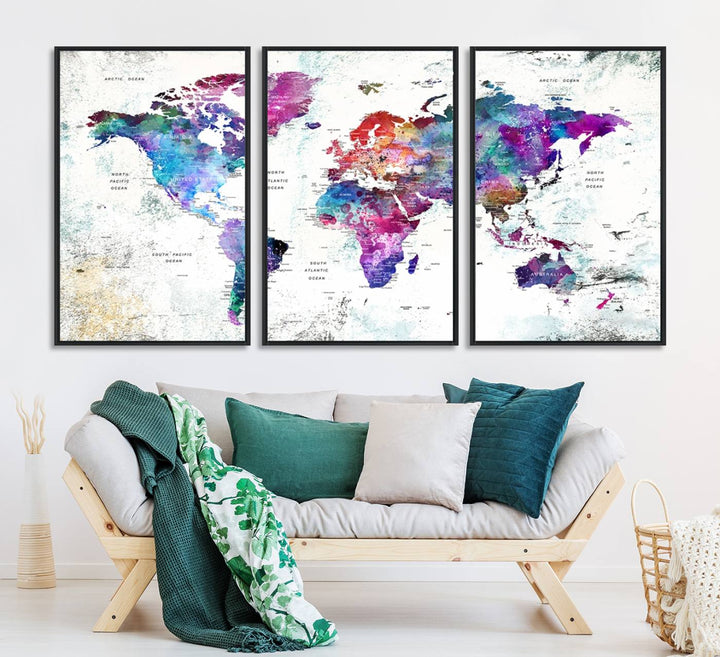 73735-MGV-CV-36X24-Colorful World Map Canvas Wall Art | Vibrant Giclee Print for Living Room, Office, or Study | Modern Global Decor