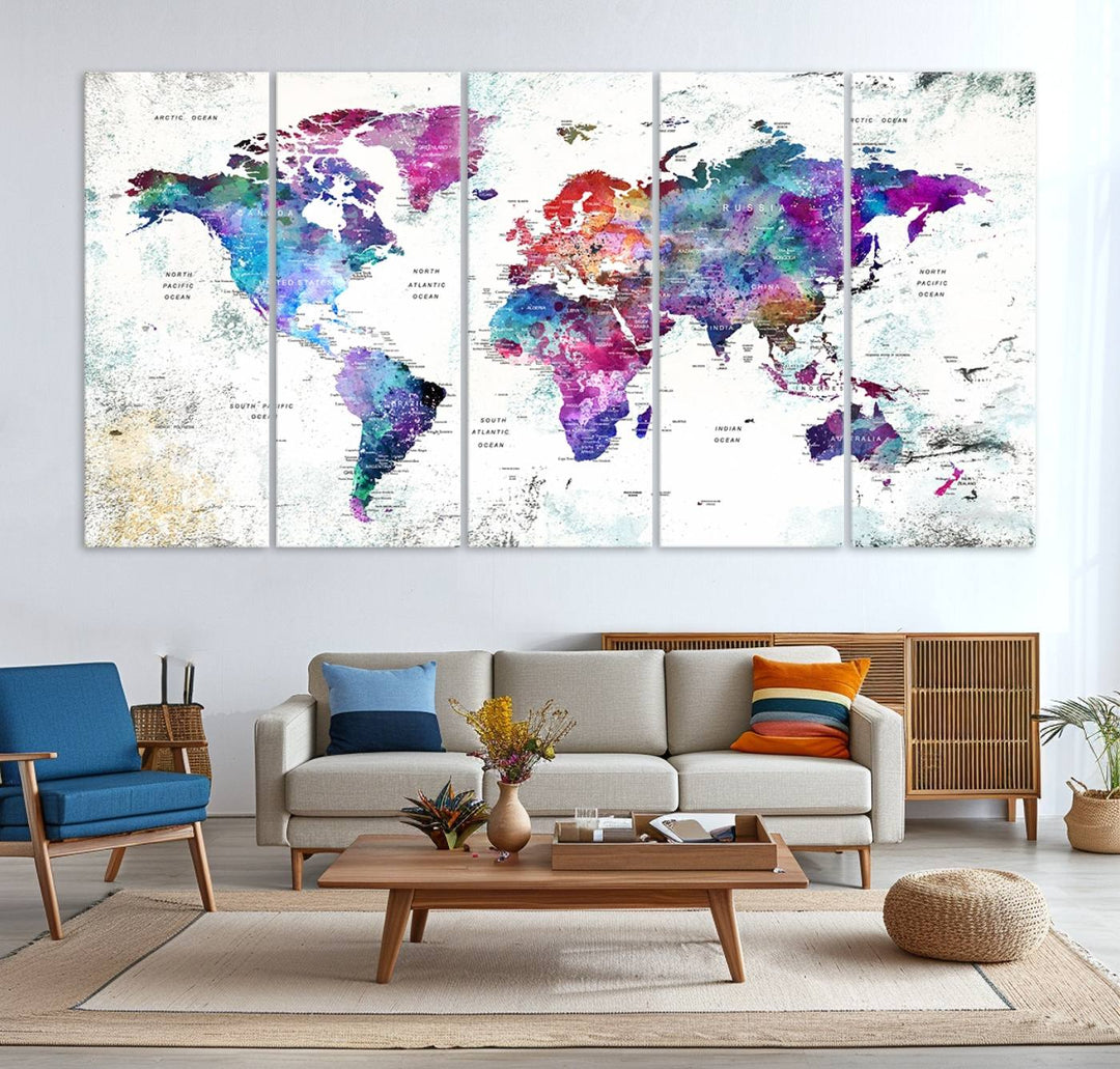 73735-MGV-CV-36X24-Colorful World Map Canvas Wall Art | Vibrant Giclee Print for Living Room, Office, or Study | Modern Global Decor