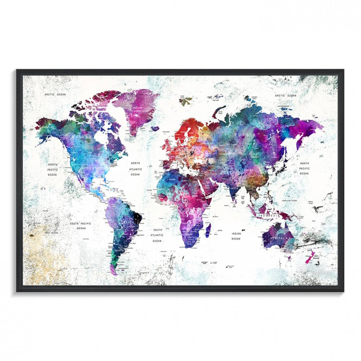 Colorful World Map Canvas Wall Art | Vibrant Giclee Print for Living Room, Office, or Study | Modern Global Decor