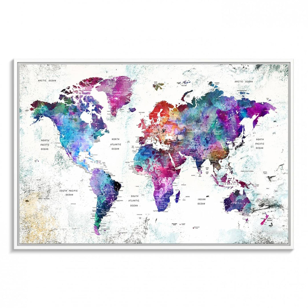 Colorful World Map Canvas Wall Art | Vibrant Giclee Print for Living Room, Office, or Study | Modern Global Decor