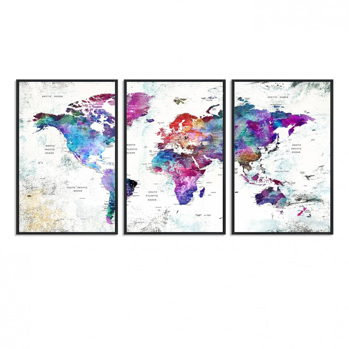 73735-MGV-FC-60X30-3P_Black-Colorful World Map Canvas Wall Art | Vibrant Giclee Print for Living Room, Office, or Study | Modern Global Decor