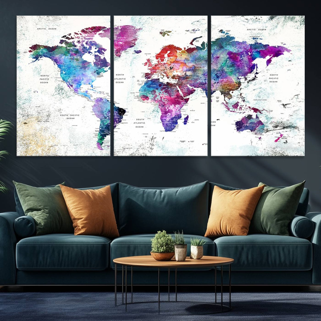 Colorful World Map Canvas Wall Art | Vibrant Giclee Print for Living Room, Office, or Study | Modern Global Decor