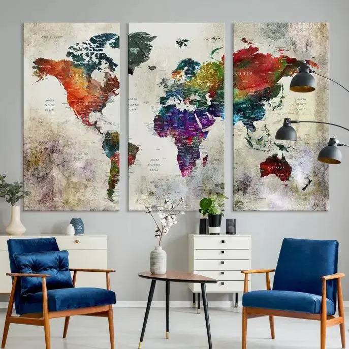 Colorful World Map Wall Art – Multicolored Triptych Global Decor for Living Room or Office – Ready to Hang