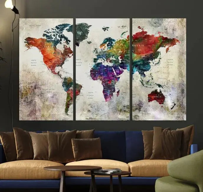 Colorful World Map Wall Art – Multicolored Triptych Global Decor for Living Room or Office – Ready to Hang
