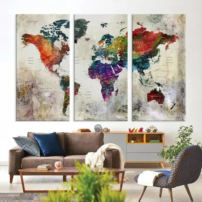 Colorful World Map Wall Art – Multicolored Triptych Global Decor for Living Room or Office – Ready to Hang