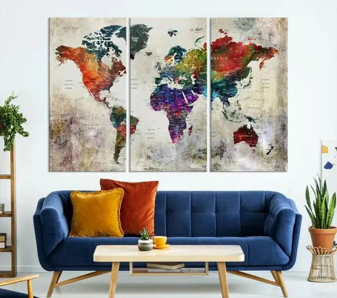 Colorful World Map Wall Art – Multicolored Triptych Global Decor for Living Room or Office – Ready to Hang