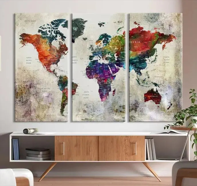 Colorful World Map Wall Art – Multicolored Triptych Global Decor for Living Room or Office – Ready to Hang