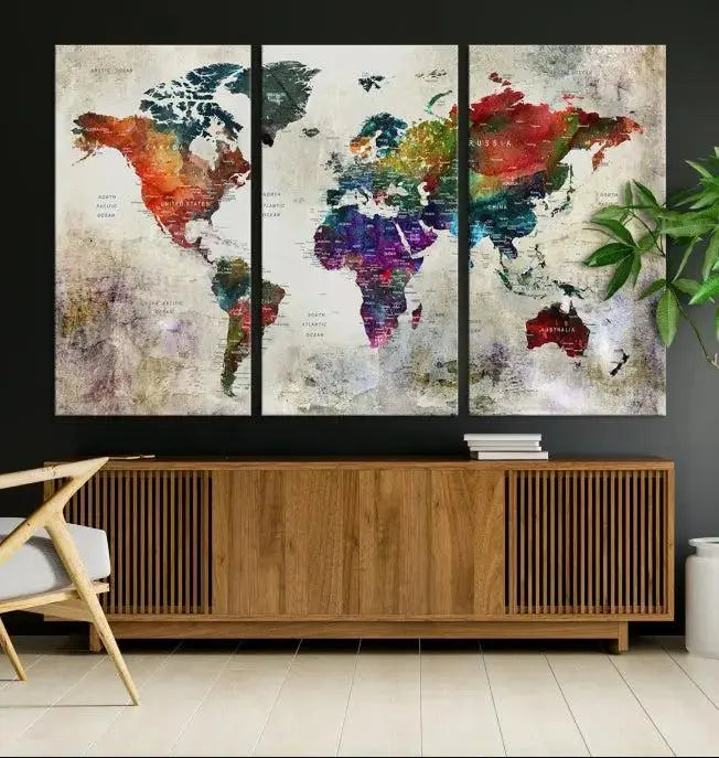 Colorful World Map Wall Art – Multicolored Triptych Global Decor for Living Room or Office – Ready to Hang