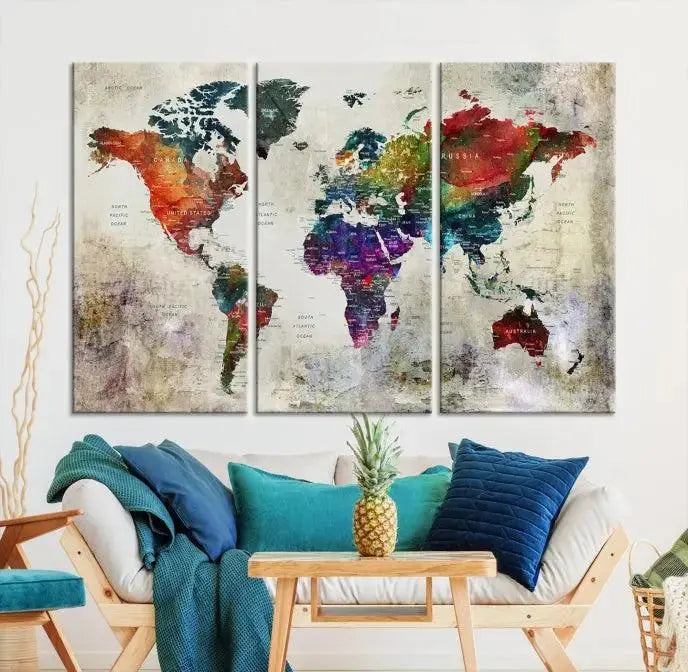Colorful World Map Wall Art – Multicolored Triptych Global Decor for Living Room or Office – Ready to Hang