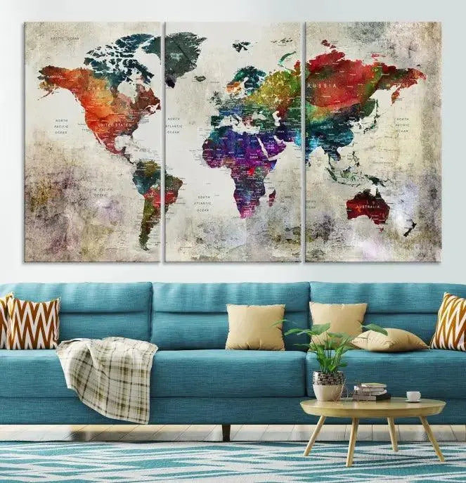 Colorful World Map Wall Art – Multicolored Triptych Global Decor for Living Room or Office – Ready to Hang