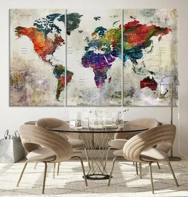 Colorful World Map Wall Art – Multicolored Triptych Global Decor for Living Room or Office – Ready to Hang