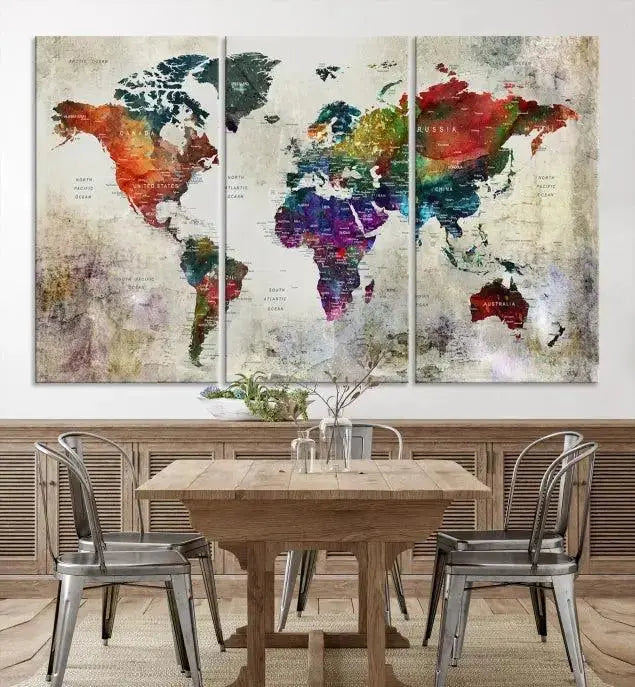 Colorful World Map Wall Art – Multicolored Triptych Global Decor for Living Room or Office – Ready to Hang
