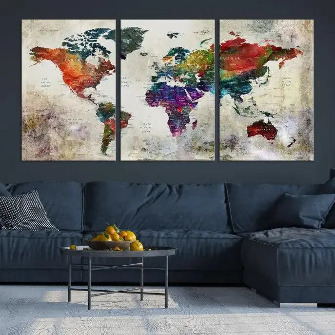 Colorful World Map Wall Art – Multicolored Triptych Global Decor for Living Room or Office – Ready to Hang
