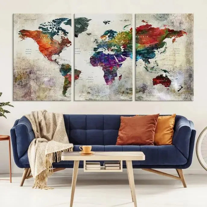 Colorful World Map Wall Art – Multicolored Triptych Global Decor for Living Room or Office – Ready to Hang