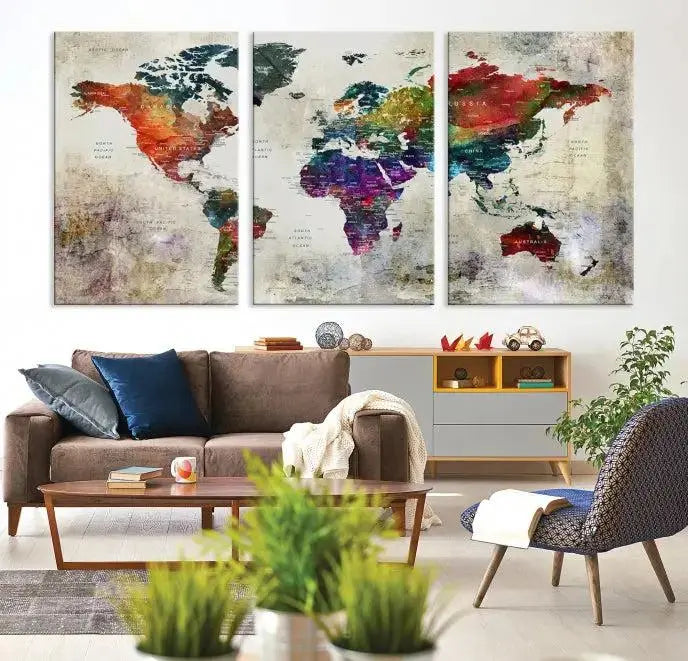 Colorful World Map Wall Art – Multicolored Triptych Global Decor for Living Room or Office – Ready to Hang