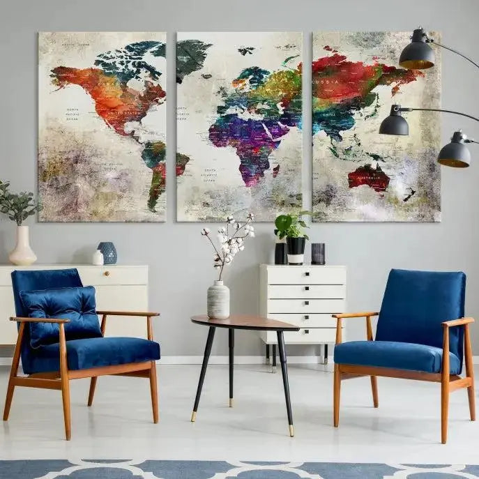 Colorful World Map Wall Art – Multicolored Triptych Global Decor for Living Room or Office – Ready to Hang