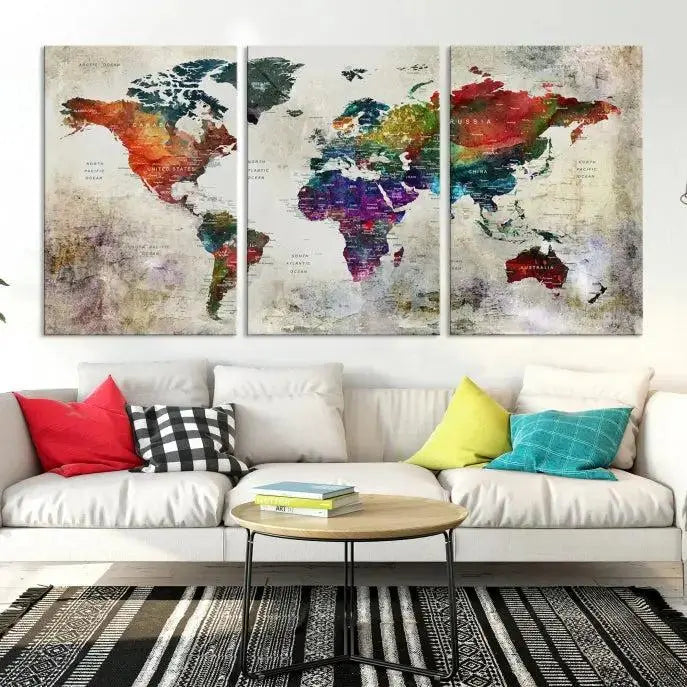 Colorful World Map Wall Art – Multicolored Triptych Global Decor for Living Room or Office – Ready to Hang
