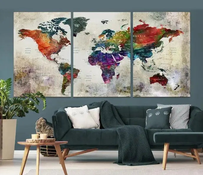Colorful World Map Wall Art – Multicolored Triptych Global Decor for Living Room or Office – Ready to Hang