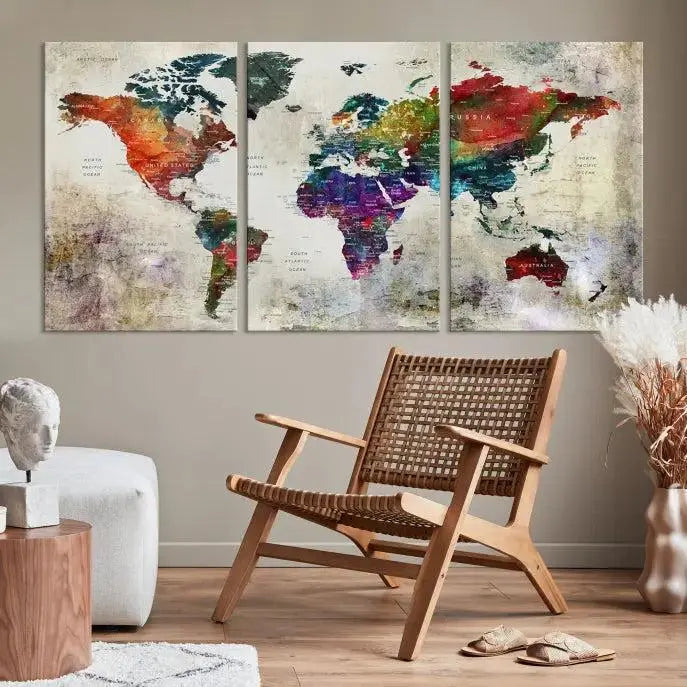 Colorful World Map Wall Art – Multicolored Triptych Global Decor for Living Room or Office – Ready to Hang