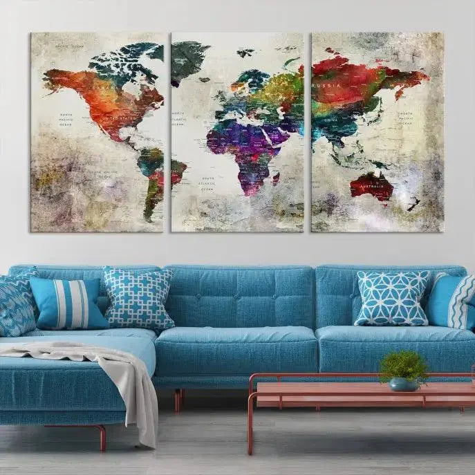 Colorful World Map Wall Art – Multicolored Triptych Global Decor for Living Room or Office – Ready to Hang
