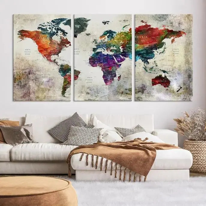 Colorful World Map Wall Art – Multicolored Triptych Global Decor for Living Room or Office – Ready to Hang