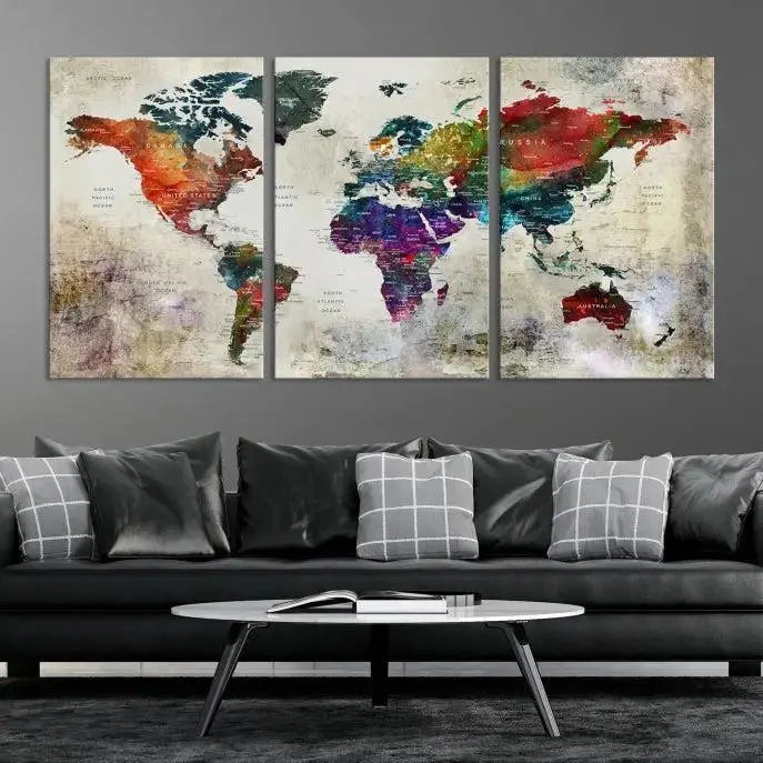 Colorful World Map Wall Art – Multicolored Triptych Global Decor for Living Room or Office – Ready to Hang