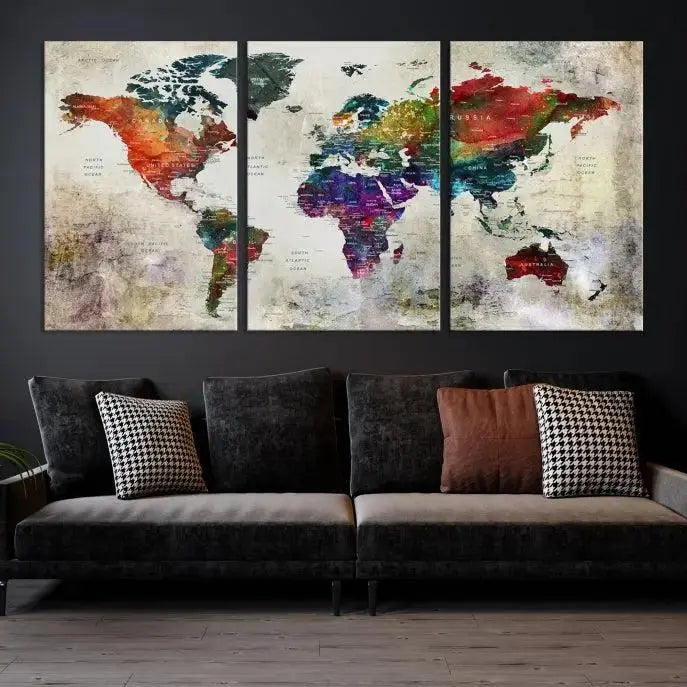 Colorful World Map Wall Art – Multicolored Triptych Global Decor for Living Room or Office – Ready to Hang