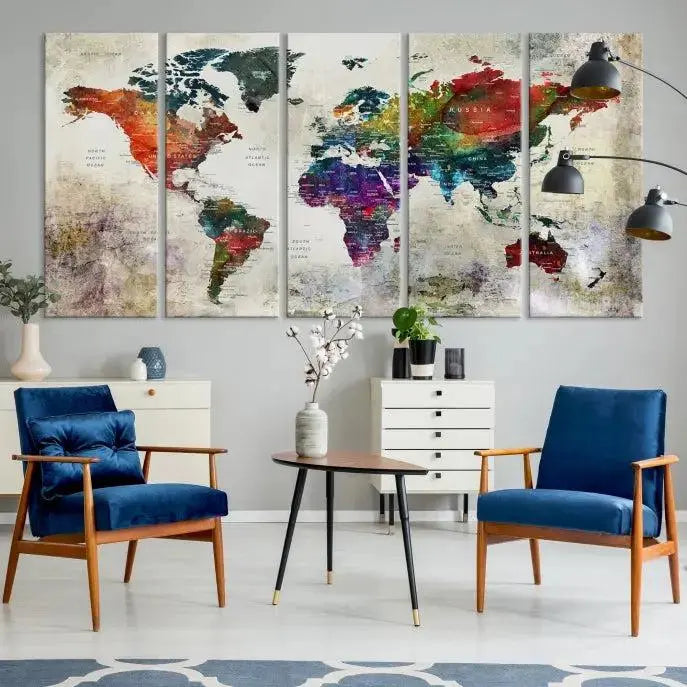Colorful World Map Wall Art – Multicolored Triptych Global Decor for Living Room or Office – Ready to Hang