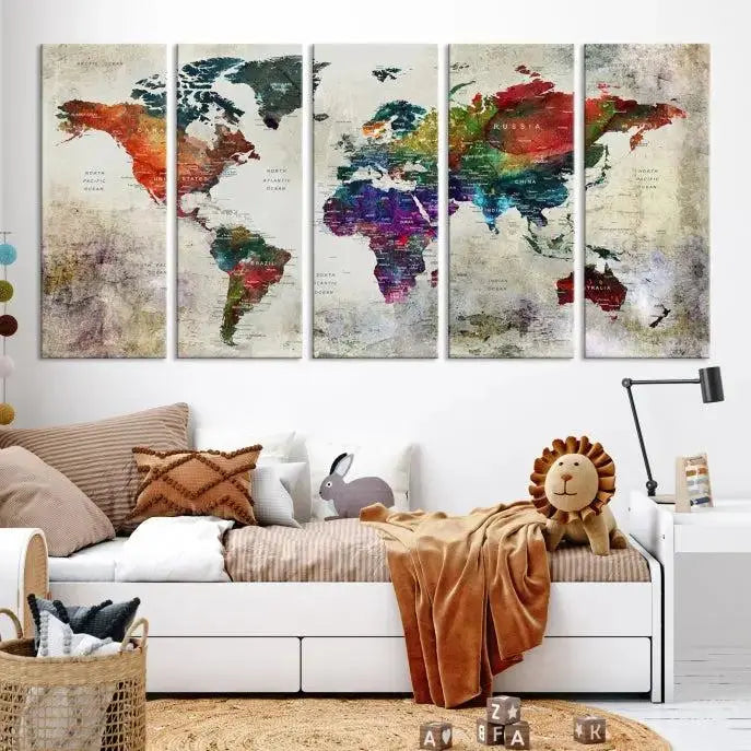 Colorful World Map Wall Art – Multicolored Triptych Global Decor for Living Room or Office – Ready to Hang