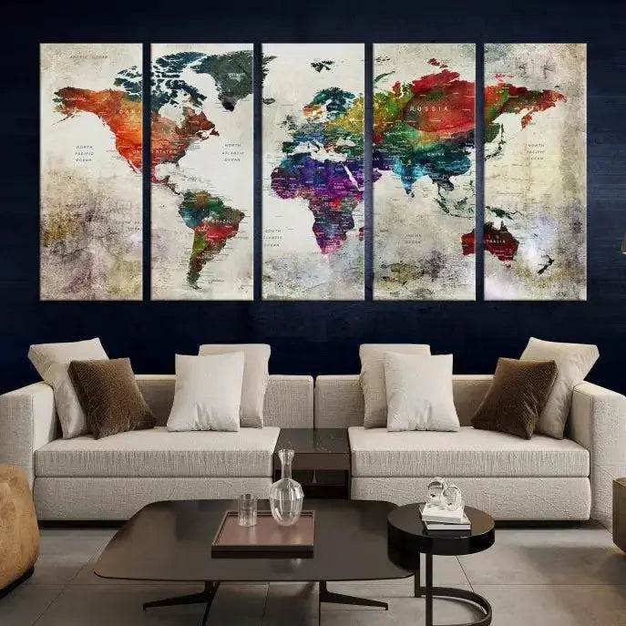 Colorful World Map Wall Art – Multicolored Triptych Global Decor for Living Room or Office – Ready to Hang
