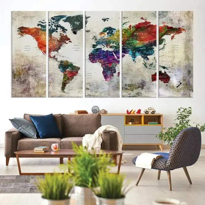Colorful World Map Wall Art – Multicolored triptych decor hangs prominently.