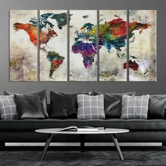 Colorful World Map Wall Art – Multicolored triptych decor hangs prominently.