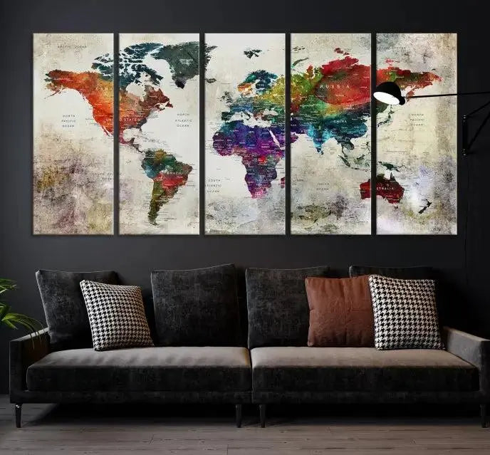 Colorful World Map Wall Art – Multicolored triptych decor hangs prominently.