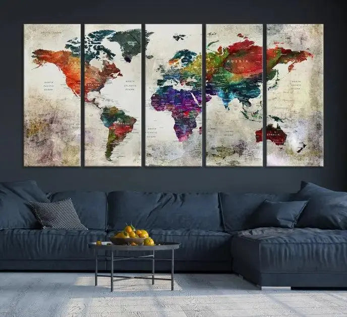 Colorful World Map Wall Art – Multicolored triptych decor hangs prominently.