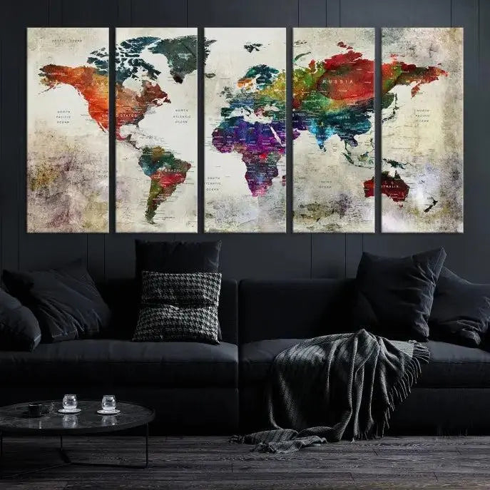 Colorful World Map Wall Art – Multicolored triptych decor hangs prominently.