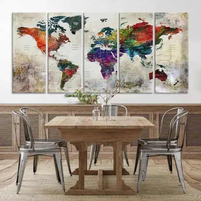 Colorful World Map Wall Art – Multicolored triptych decor hangs prominently.