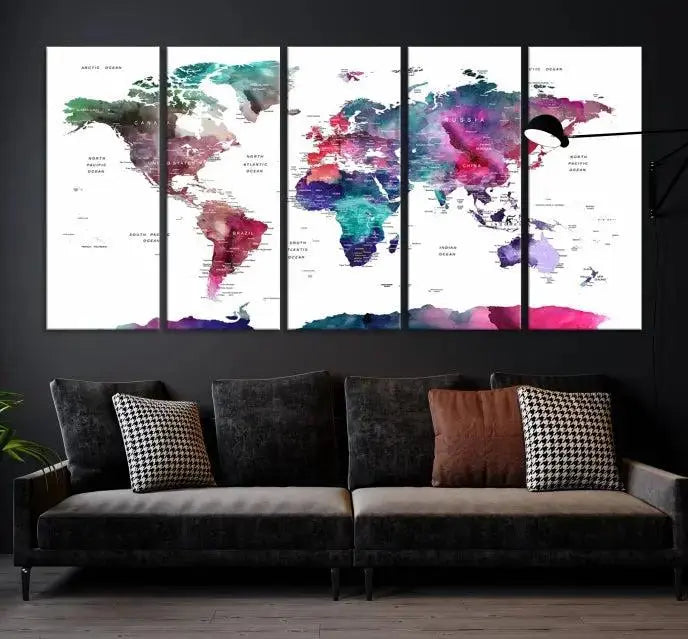 The "Colorful World Map Masterpiece Wall Art Canvas Print" extends across five panels, crafted on museum-quality canvases and gallery wrapped for a striking finish.