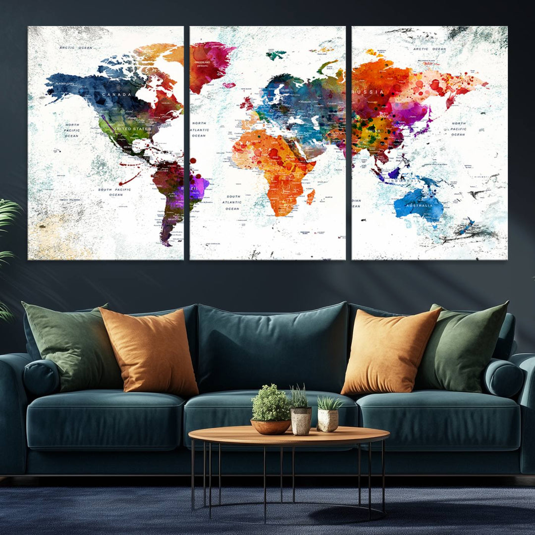Colorful World Map Wall Art Canvas Print | 3 Panel Large Map for Living Room, Office, Study | Modern World Map Art, Ready to Hang