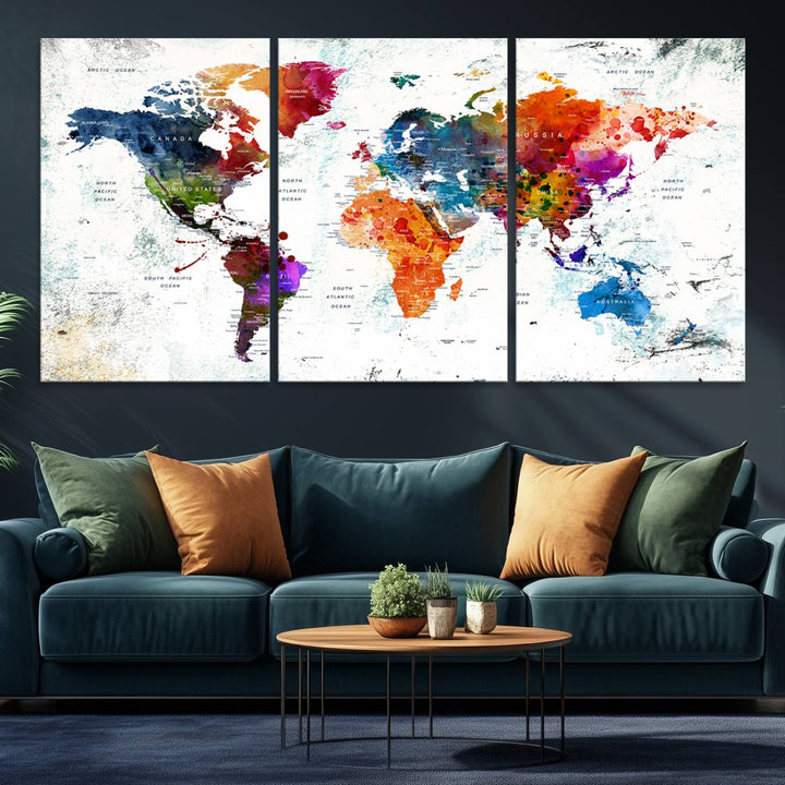 Colorful World Map Wall Art Canvas Print | 3 Panel Large Map for Living Room, Office, Study | Modern World Map Art, Ready to Hang