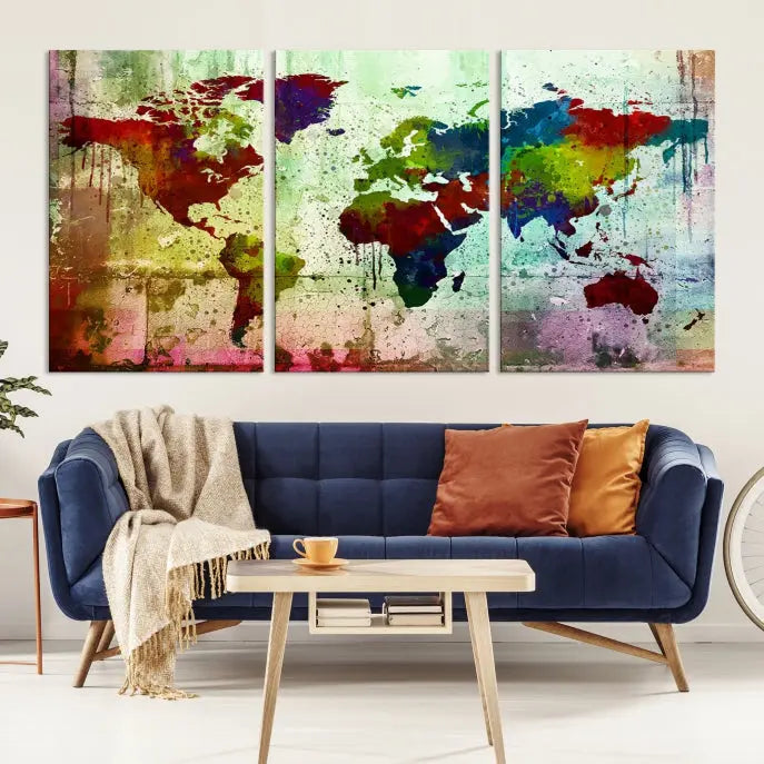 Hanging above is the "Colorful World Map Wall Art Canvas Print," a museum-quality three-panel piece. This ready-to-hang artwork serves as a stunning focal point in the room.