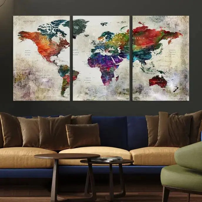 Colorful World Map Wall Art – Multicolored Triptych Global Decor for Living Room or Office – Ready to Hang
