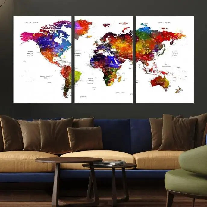 Colorful World Map Wall Art Push Pin World Map Canvas Print