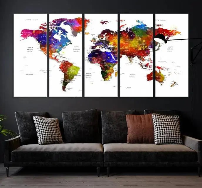 Colorful World Map Wall Art Push Pin World Map Canvas Print