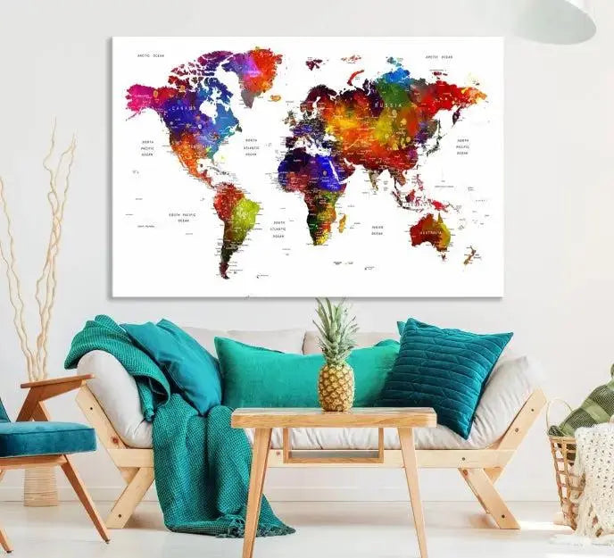 Colorful World Map Wall Art Push Pin World Map Canvas Print